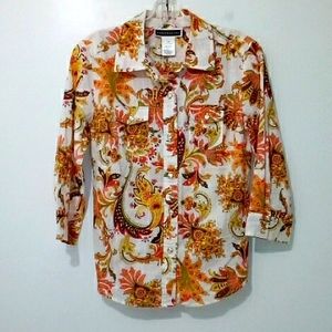 Karen Scott Vintage white orange floral button down shirt
